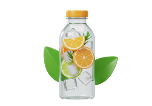 Isolated glass bottle with orange, lemon, rosemary and ice cubes for a fresh drink