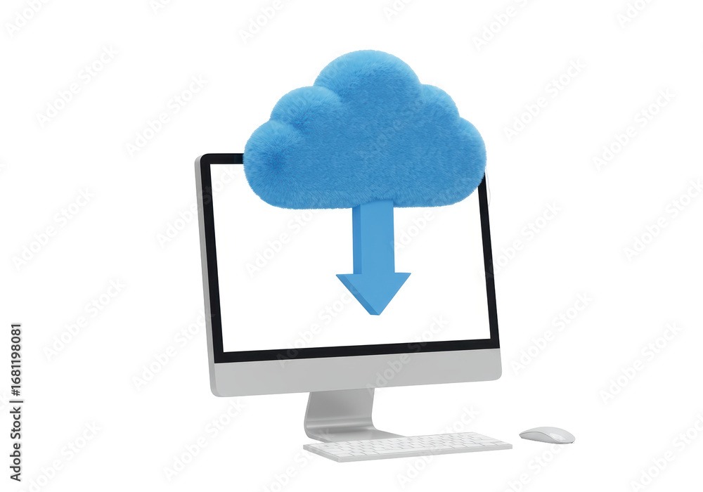 Poster isolated computer with cloud download symbol displays data transfer on screen concept