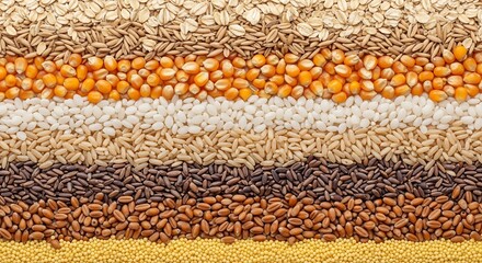 Rows of various grains and seeds creating a textured background pattern