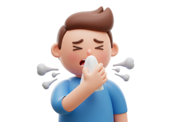 Isolated Cartoonish 3D Man Sneezing or Coughing, Holding a Tissue, Feeling Sick, Ill or Unwell