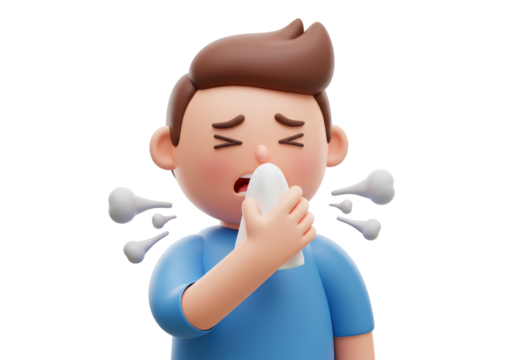 Isolated Cartoonish 3D Man Sneezing or Coughing, Holding a Tissue, Feeling Sick, Ill or Unwell