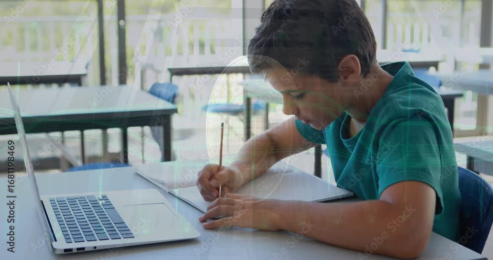 Poster animation of data processing over caucasian student writing on notebook with laptop in classroom