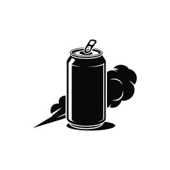 Black silhouette of an open soda can with a stylized smoke effect behind it