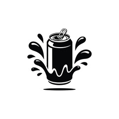 Black and white illustration of an open soda can with a splash of liquid erupting around it
