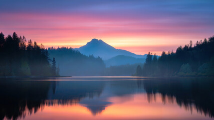 Obraz premium Tranquil scenic lake landscape at sunset with silhouetted mountains and forest reflections