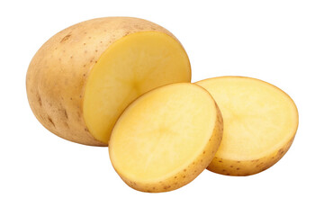 Fresh potatoes sliced and whole isolated on transparent background