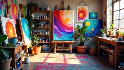 A vibrant studio overflowing with paint tubes, canvases, and colorful art supplies, ready for the next masterpiece A burst of creative energy captured in a single frame , masterpiece, inspiration