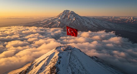A stunning view of Mount Ararat's snow-capped summit, featuring the Turkish flag, at sunset. 