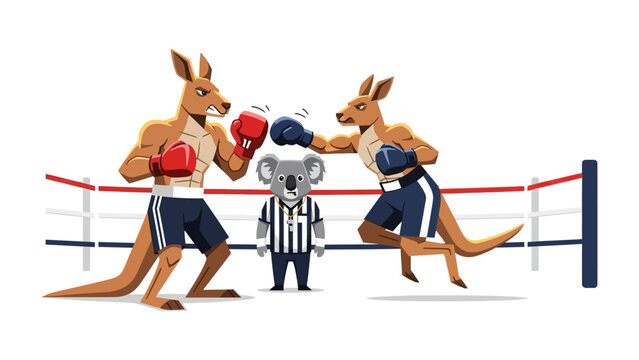 Kangaroo Boxing Match: A whimsical illustration of a kangaroo boxing match, showcasing the sport with anthropomorphic kangaroos, capturing the intensity and competitiveness of the arena. 