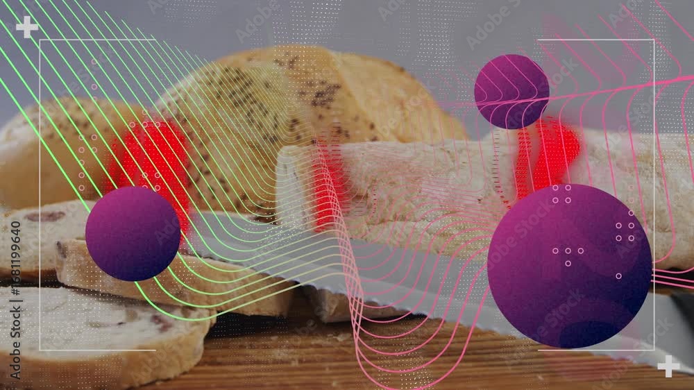 Poster animation of purple circles with 3d abstract wireframe pattern against fresh bread loafs at bakery