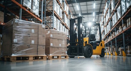 Efficient Warehouse Operations Forklift in Action, Boxes and Shelves in a Logistics Center