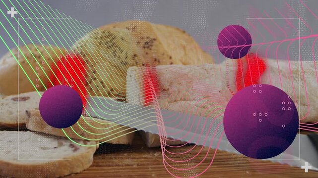 Animation of purple circles with 3d abstract wireframe pattern against fresh bread loafs at bakery