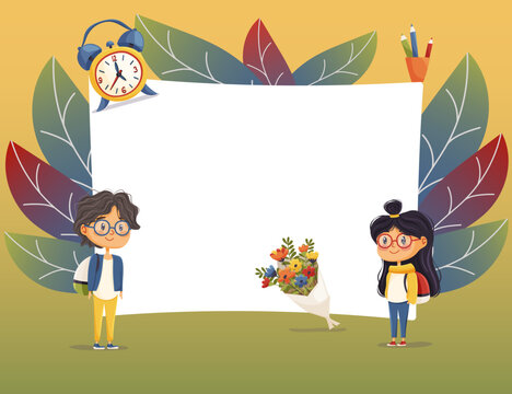 Frame with schoolboy and schoolgirl holding backpacks bouquet of flowers alarm clock. Blank center for text. Ideal for school projects posters invitations and cards - Powered by Adobe