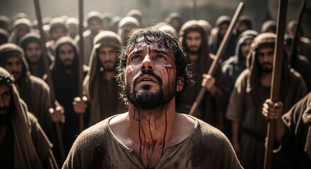 Man's Face in Crowd Looking Upward with Emotional Intensity Amidst Oppressive Presence