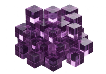 Abstract cluster of translucent purple geometric cubes isolated on transparent background