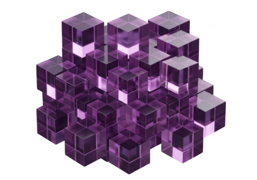 Abstract cluster of translucent purple geometric cubes isolated on transparent background - Powered by Adobe