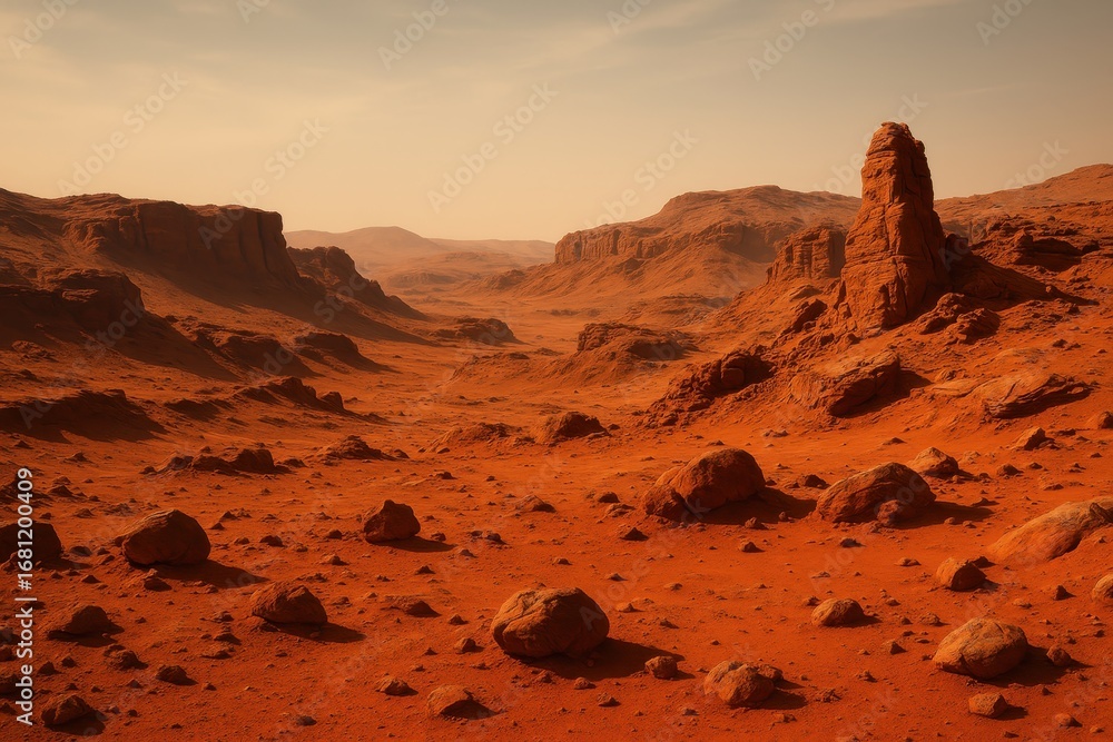Poster red planet mars surface with distinctive rocky terrain and rusty atmosphere