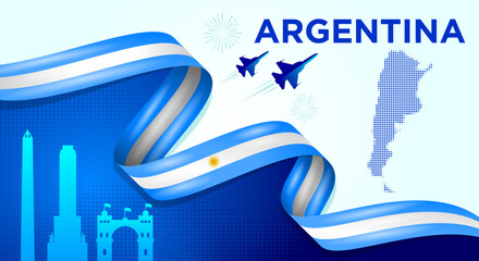 Argentina Independence Day Banner with Flag Ribbon and Landmarks