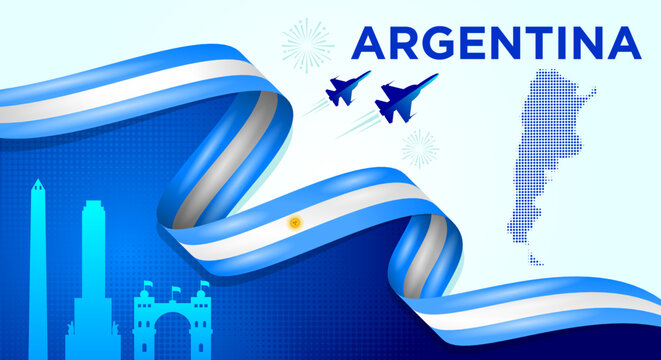 Argentina Independence Day Banner with Flag Ribbon and Landmarks