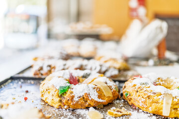 Delicious Traditional Porto City Holiday Cake With Fruits and Powdered Sugar Topping. Portugal