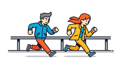 Dynamic Duo: A vibrant illustration of two individuals in mid-stride, racing with purposeful energy, embodying concepts of competition and collaboration.