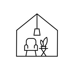 Minimalist Home Interior Line Icon with Armchair and Plant
