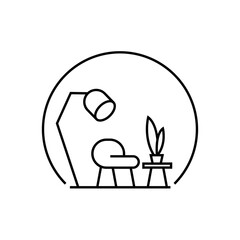 Modern Home Decor Outline Icon: Armchair, Floor Lamp, Side Table, and Plant