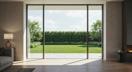 Luxury villa living room with view of peaceful garden through glass window
