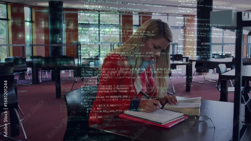 Poster animation of computer programming language over caucasian woman writing in book in library