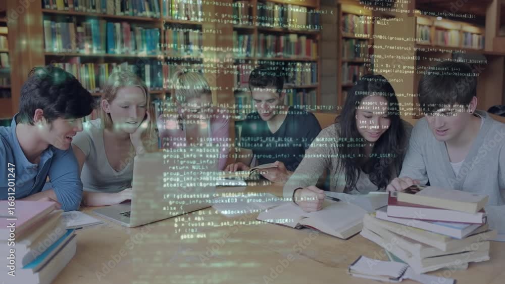Poster animation of programming language over multiracial students studying in library
