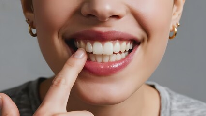Close-up of a person pointing to their bright, white teeth with a smile