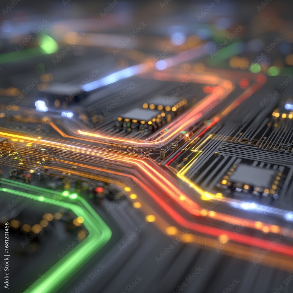 Poster illuminated circuit board close up abstract data flow network connection technology innovation futur
