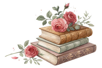 Vintage books stacked with pink roses and delicate leaves a beautiful floral arrangement transparent background