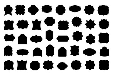 Collection of black label silhouettes in various shapes. Vector templates for branding, packaging, or logo design.