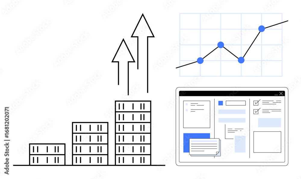 Aufkleber bar chart, arrows indicating growth, line graph with data points, and modular dashboard. ideal for b
