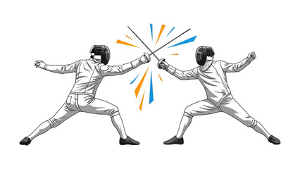 Fototapeta premium Duel of Swords: Two fencers engage in a dynamic, action-packed duel, blades clashing in a vibrant illustration of skill and competition. Showcasing the intensity and precision of the sport.