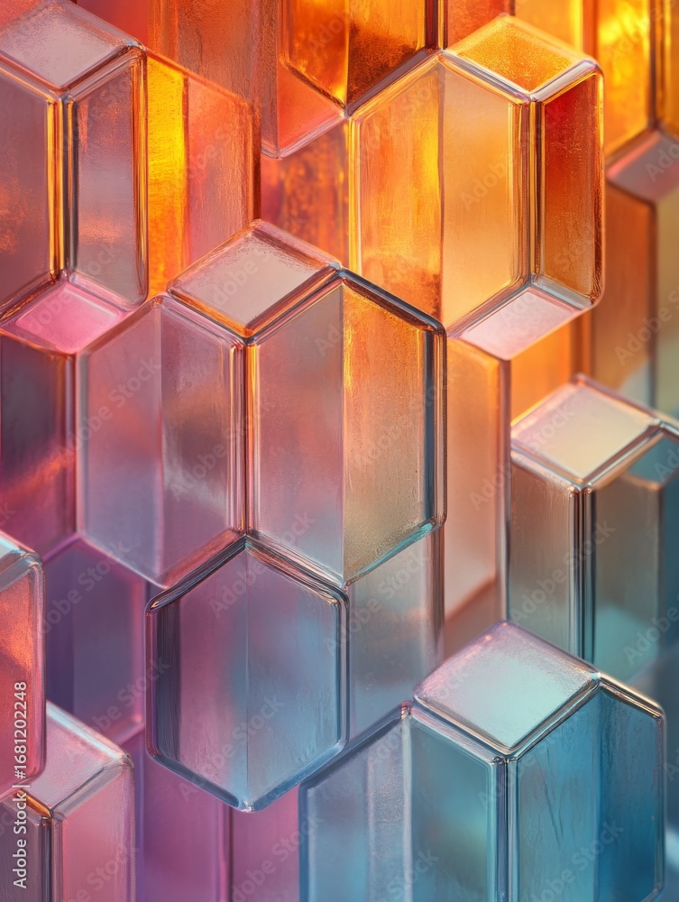 Poster radiant geometric abstraction: interlocking hexagons of translucent glass reflecting a spectrum of g