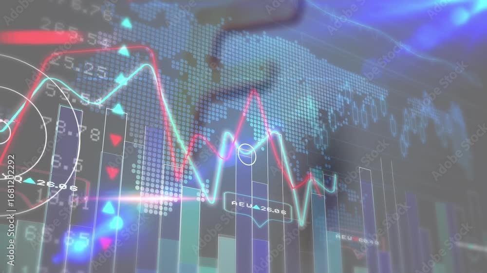 Fototapete animation of f alphabet with multipattern graphs, blockchain, trading board over abstract background