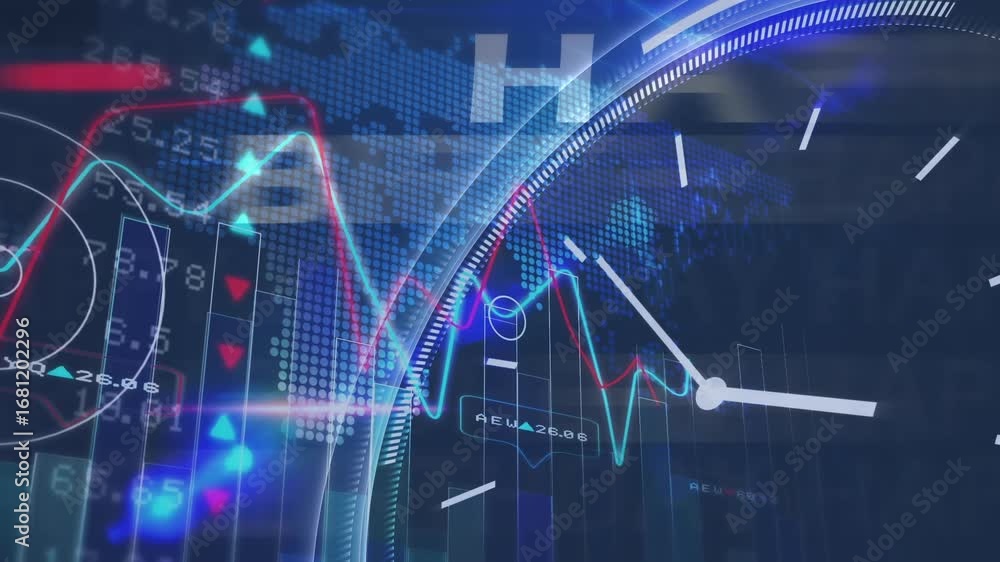 Poster animation of clock, graphs and trading board with happy birthday text against abstract background
