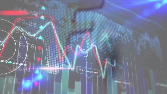 Animation of f alphabet with multipattern graphs, blockchain, trading board over abstract background