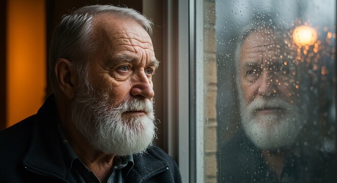 Elderly man with a beard looking out a window on a rainy day, with his reflection visible - Powered by Adobe