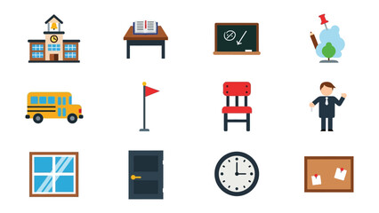 School Essentials Icon Set: A diverse collection of essential school-related illustrations, meticulously designed to capture the essence of education and academia