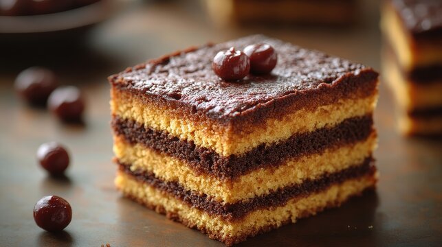Delicious layered chocolate cake slice on rustic table with blurred background