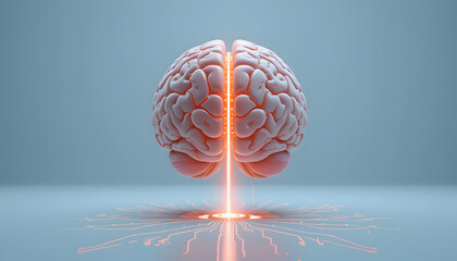 Artificial Intelligence (AI) and neuroscience concept with a glowing brain connected to a digital circuit