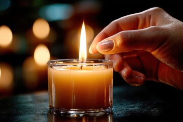 Hand lighting candle in dimly lit setting, creating a warm and inviting atmosphere