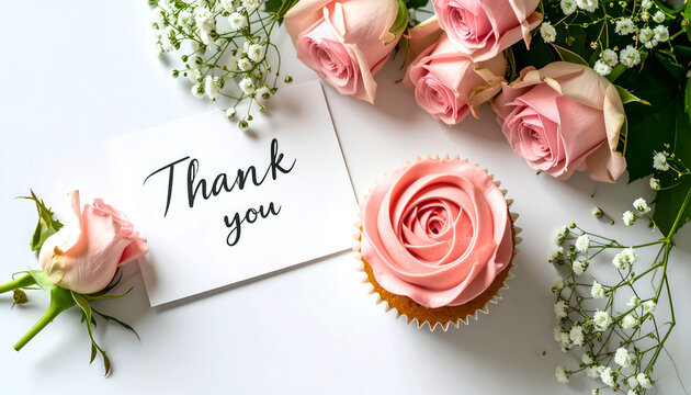 Elegant thank you card with pink roses and a cupcake on white background