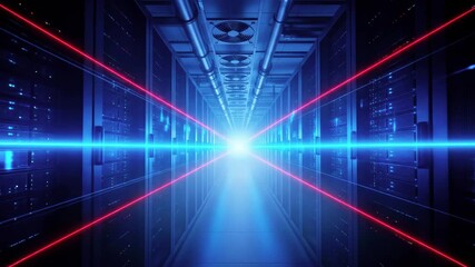 Futuristic server room with vibrant laser beams illuminating the pathway, showcasing advanced technology - Powered by Adobe
