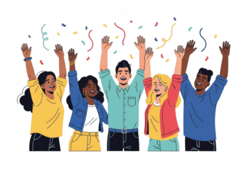 Diverse group of people celebrating with confetti isolated on transparent background