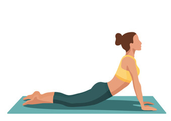 Abstract figure of a woman doing yoga on a mat in upward facing dog pose, isolated element