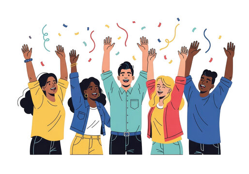 Diverse group of people celebrating with confetti isolated on transparent background